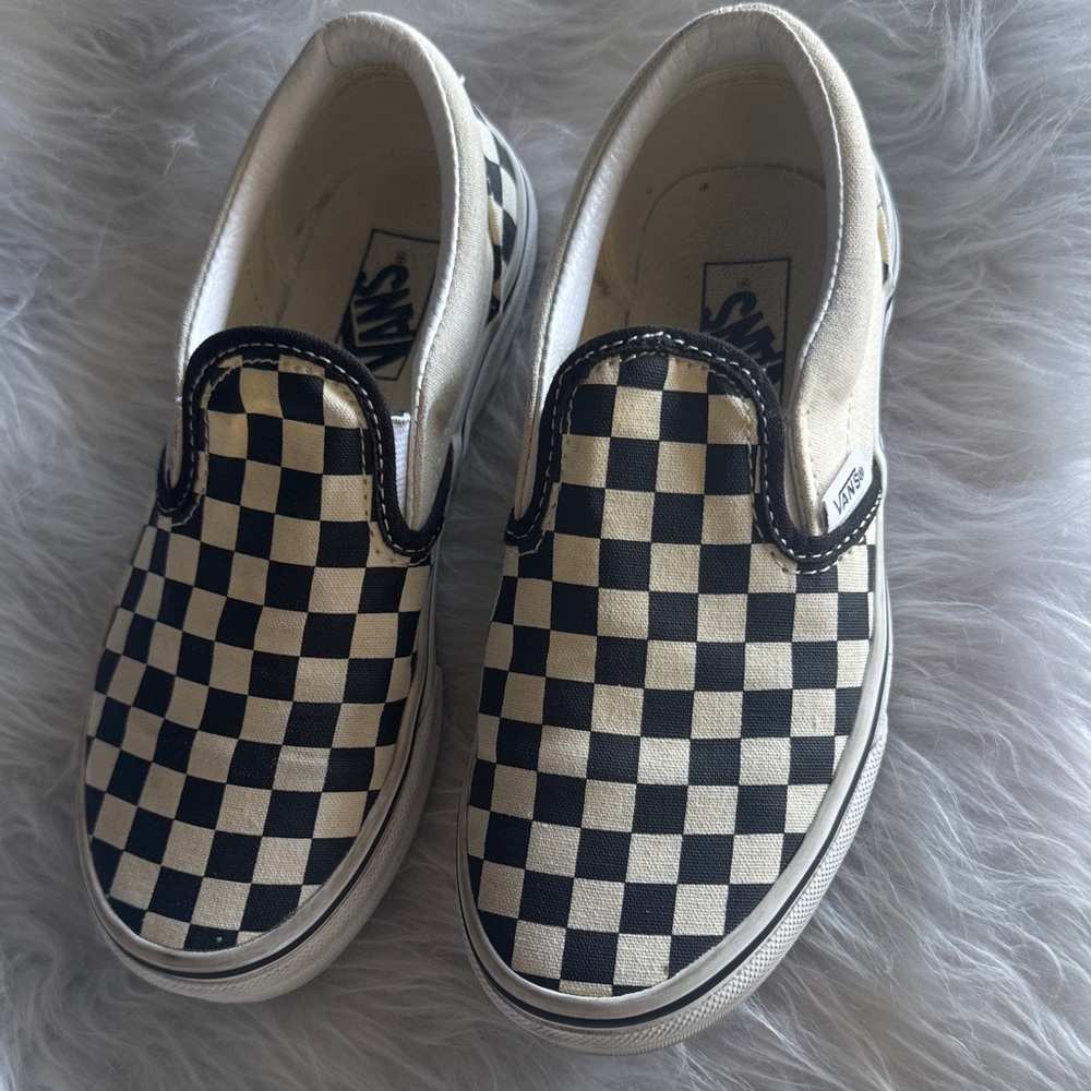 Vans Kids Checkered Slip-On Sneakers - Black and Cream, worn one time